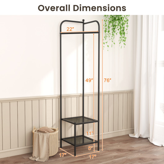 Corner Coat Rack with Top Hanger and 2 Mesh Shelves for Entryway Hallway Living Room Bedroom-Black - Color: Black - Image 5