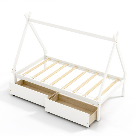 Twin Size Wooden Tent Platform House Bed with 2 Drawers-White - Color: White - Size: Twin Size