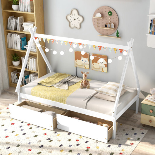 Twin Size Wooden Tent Platform House Bed with 2 Drawers-White - Color: White - Size: Twin Size - Image 2