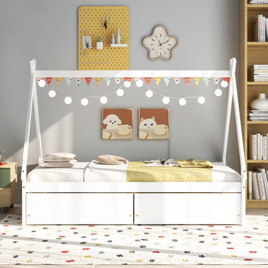 Twin Size Wooden Tent Platform House Bed with 2 Drawers-White - Color: White - Size: Twin Size - Image 3