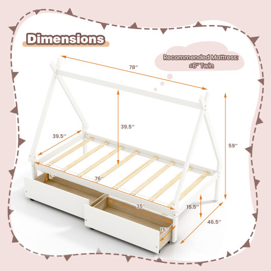 Twin Size Wooden Tent Platform House Bed with 2 Drawers-White - Color: White - Size: Twin Size - Image 4