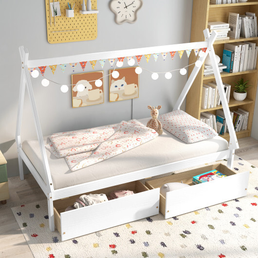 Twin Size Wooden Tent Platform House Bed with 2 Drawers-White - Color: White - Size: Twin Size - Image 5