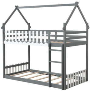Twin Over Twin Bunk Bed with Fence and Ladder for Kids-Gray - Color: Gray - Size: Twin Size