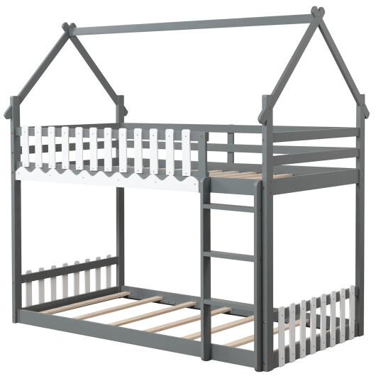 Twin Over Twin Bunk Bed with Fence and Ladder for Kids-Gray - Color: Gray - Size: Twin Size