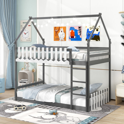 Twin Over Twin Bunk Bed with Fence and Ladder for Kids-Gray - Color: Gray - Size: Twin Size - Image 2