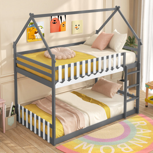 Twin Over Twin Bunk Bed with Fence and Ladder for Kids-Gray - Color: Gray - Size: Twin Size - Image 3