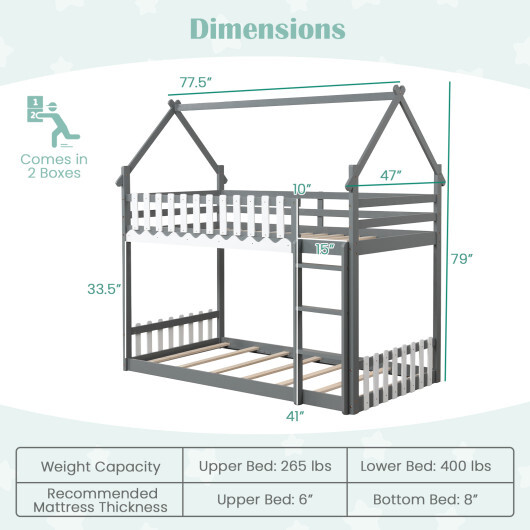 Twin Over Twin Bunk Bed with Fence and Ladder for Kids-Gray - Color: Gray - Size: Twin Size - Image 4
