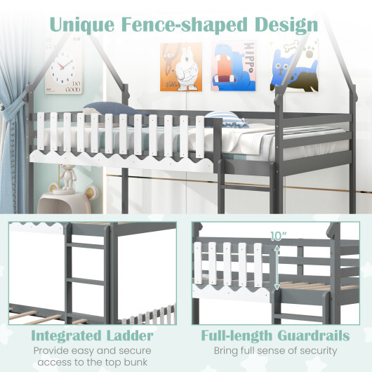 Twin Over Twin Bunk Bed with Fence and Ladder for Kids-Gray - Color: Gray - Size: Twin Size - Image 5