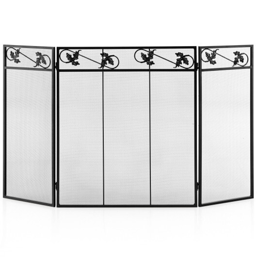3-Panel Fireplace Screen Decor Cover with Exquisite Pattern - Color: Black