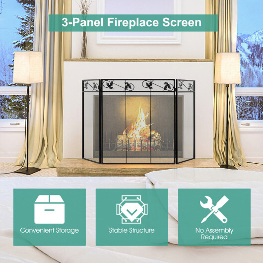 3-Panel Fireplace Screen Decor Cover with Exquisite Pattern - Color: Black - Image 3
