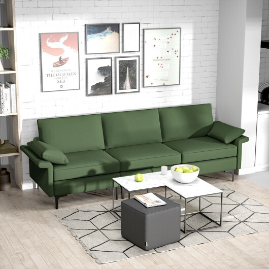 Large 3-Seat Sofa Sectional with Metal Legs and 2 USB Ports for 3-4 people-Green - Color: Army Green - Image 2