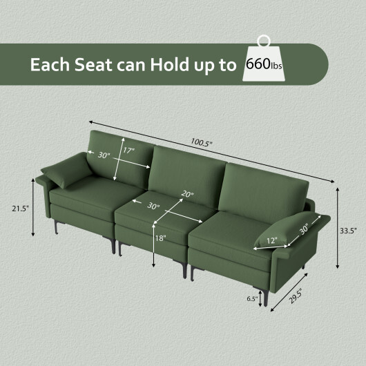 Large 3-Seat Sofa Sectional with Metal Legs and 2 USB Ports for 3-4 people-Green - Color: Army Green - Image 5