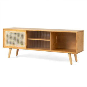 Modern TV Stand with Rattan Glass Sliding Doors-Natural - Color: Natural