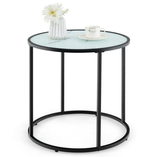 20 Inch Glass End Table with Metal Frame and Faux Marble Glass Top-Black and White - Color: Black & White