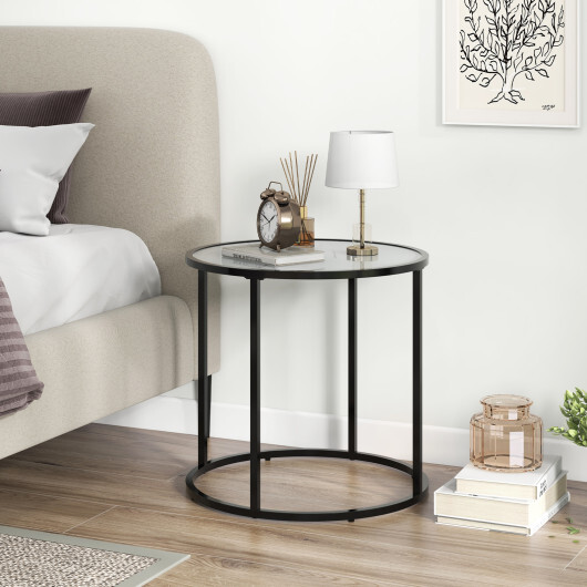 20 Inch Glass End Table with Metal Frame and Faux Marble Glass Top-Black and White - Color: Black & White - Image 2