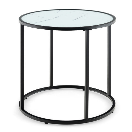 20 Inch Glass End Table with Metal Frame and Faux Marble Glass Top-Black and White - Color: Black & White - Image 4