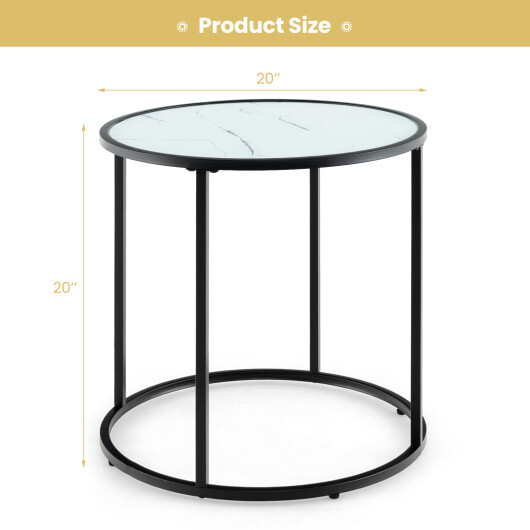 20 Inch Glass End Table with Metal Frame and Faux Marble Glass Top-Black and White - Color: Black & White - Image 5