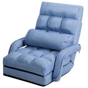 Folding Lazy Floor Chair Sofa with Armrests and Pillow-Blue - Color: Blue