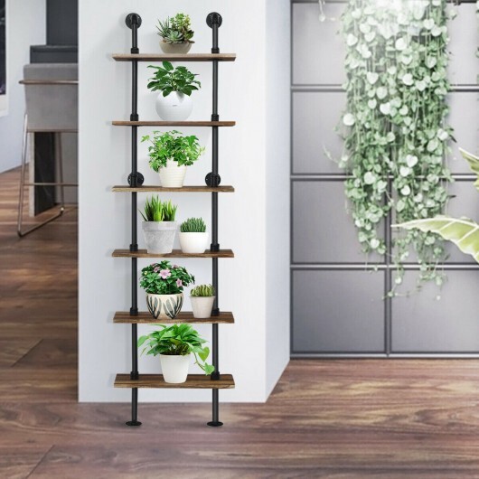 6-Tier Industrial Wall Mounted Pipe Shelves - Color: Coffee - Image 5