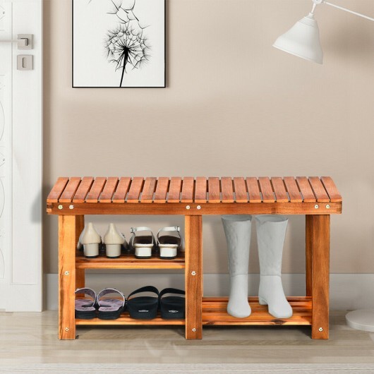 3-Tier Freestanding Wooden Shoe Organizer with Seat - Color: Natural - Image 2