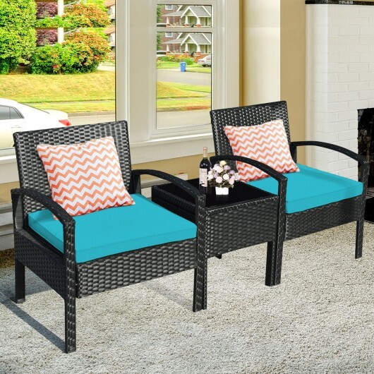 3 Pieces Outdoor Rattan Patio Conversation Set with Seat Cushions-Turquoise - Color: Turquoise - Image 2