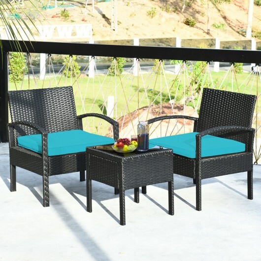 3 Pieces Outdoor Rattan Patio Conversation Set with Seat Cushions-Turquoise - Color: Turquoise - Image 3