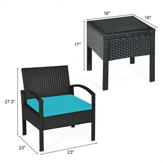 3 Pieces Outdoor Rattan Patio Conversation Set with Seat Cushions-Turquoise - Color: Turquoise - Image 4