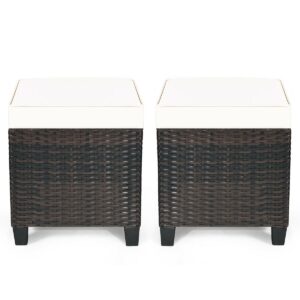2 Pieces Patio Rattan Ottoman Set with Removable Cushions-White - Color: White