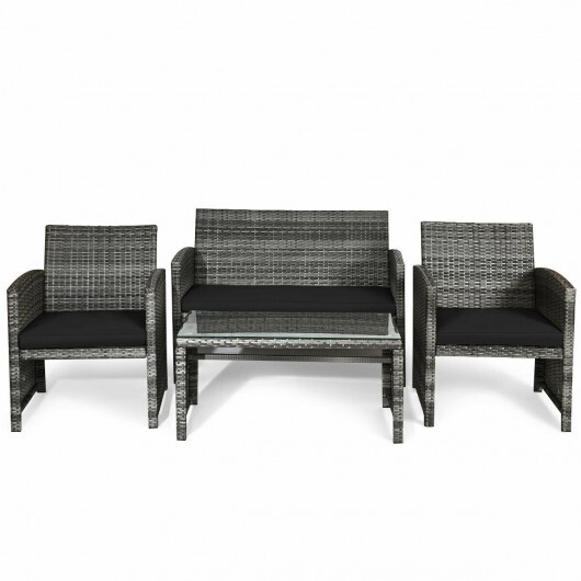 4 Pieces Patio Rattan Furniture Set with Glass Table and Loveseat-Black - Color: Black