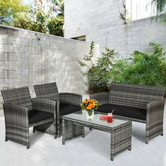 4 Pieces Patio Rattan Furniture Set with Glass Table and Loveseat-Black - Color: Black - Image 2