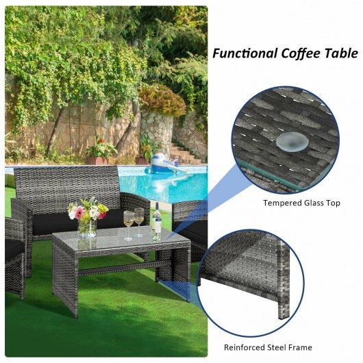 4 Pieces Patio Rattan Furniture Set with Glass Table and Loveseat-Black - Color: Black - Image 3