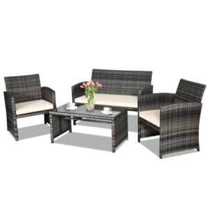 4 Pcs Patio Rattan Furniture Set Top Sofa With Glass Table-White - Color: White
