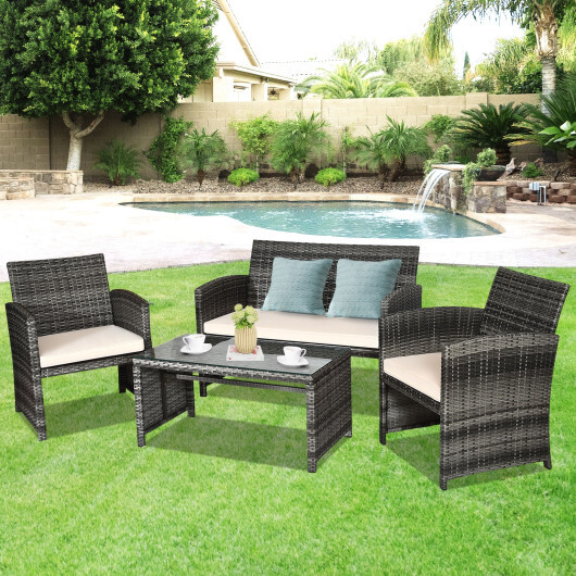 4 Pcs Patio Rattan Furniture Set Top Sofa With Glass Table-White - Color: White - Image 2
