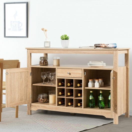 Server Buffet Sideboard With Wine Rack and Open Shelf-Natural - Color: Natural - Image 3