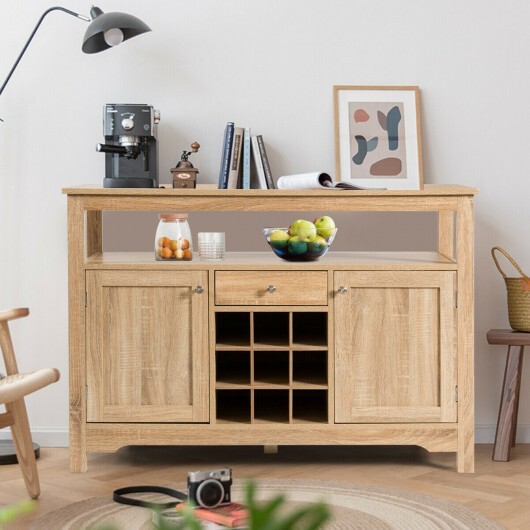 Server Buffet Sideboard With Wine Rack and Open Shelf-Natural - Color: Natural - Image 4