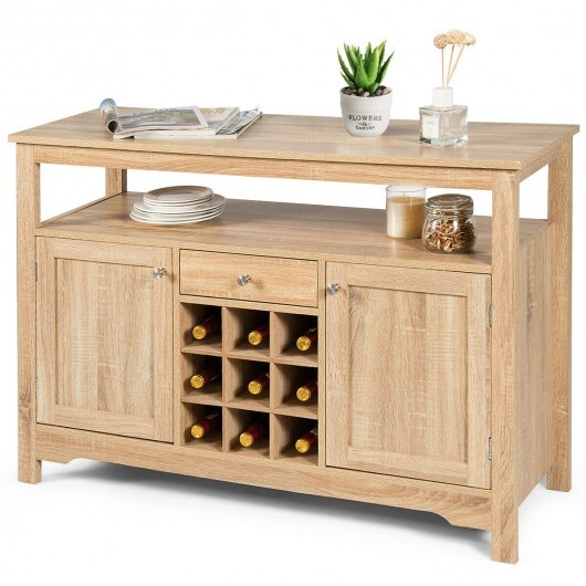 Server Buffet Sideboard With Wine Rack and Open Shelf-Natural - Color: Natural - Image 5