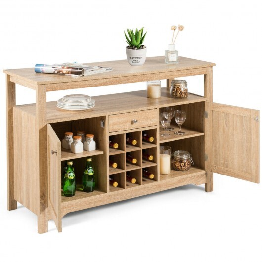 Server Buffet Sideboard With Wine Rack and Open Shelf-Natural - Color: Natural - Image 6