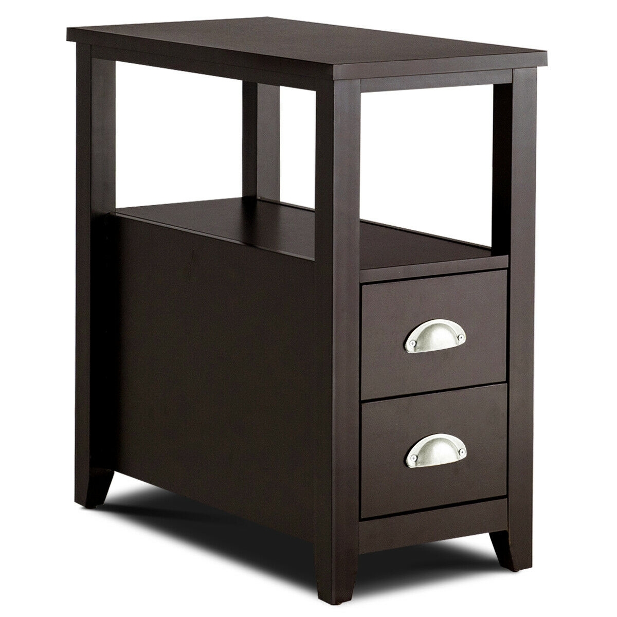 Set of 2 End Table Wooden with 2 Drawer & Shelf Bedside Table-Dark Brown - Color: Dark Brown