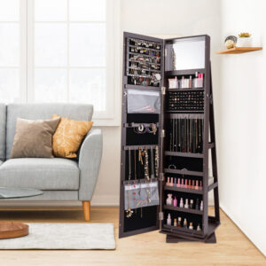 360?&deg; Rotatable 2-in-1 Lockable Jewelry Cabinet with Full-Length Mirror-Dark Brown - Color: Dark Brown