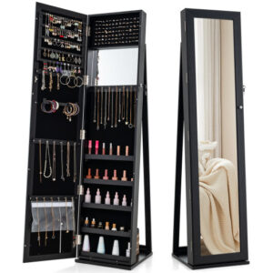 Standing Lockable Jewelry Storage Organizer with Full-Length Mirror-Black - Color: Black