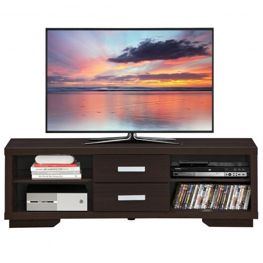 Modern TV Stand Entertainment Center with 2 Drawers and 4 Open Shelves - Color: Black
