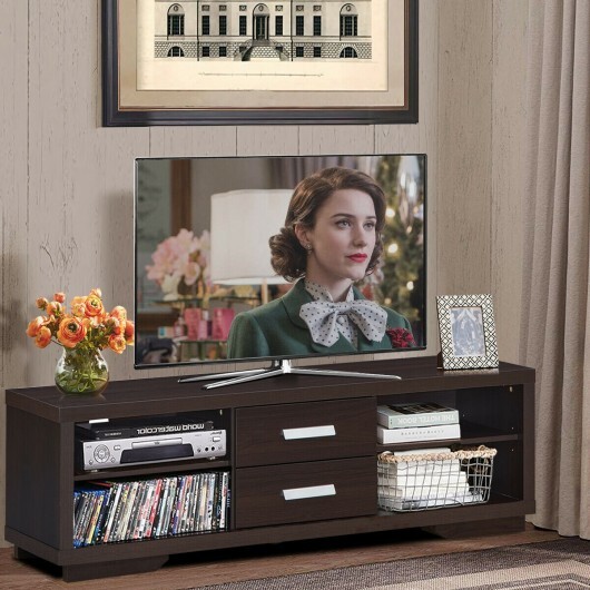 Modern TV Stand Entertainment Center with 2 Drawers and 4 Open Shelves - Color: Black - Image 2