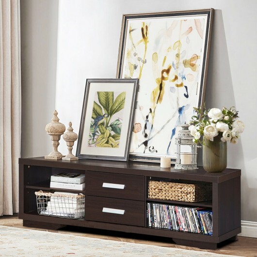 Modern TV Stand Entertainment Center with 2 Drawers and 4 Open Shelves - Color: Black - Image 3