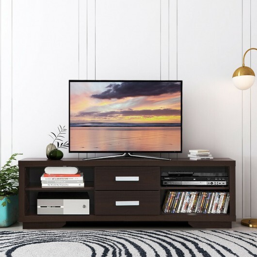 Modern TV Stand Entertainment Center with 2 Drawers and 4 Open Shelves - Color: Black - Image 4