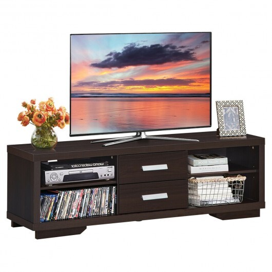 Modern TV Stand Entertainment Center with 2 Drawers and 4 Open Shelves - Color: Black - Image 5