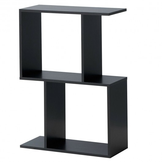 2/3/4 Tiers Wooden S-Shaped Bookcase for Living Room Bedroom Office-2-Tier - Color: Black - Size: 2-Tier