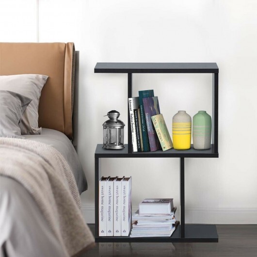 2/3/4 Tiers Wooden S-Shaped Bookcase for Living Room Bedroom Office-2-Tier - Color: Black - Size: 2-Tier - Image 2