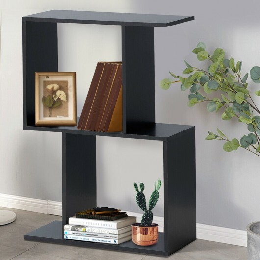 2/3/4 Tiers Wooden S-Shaped Bookcase for Living Room Bedroom Office-2-Tier - Color: Black - Size: 2-Tier - Image 3
