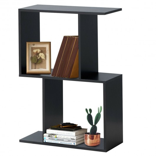 2/3/4 Tiers Wooden S-Shaped Bookcase for Living Room Bedroom Office-2-Tier - Color: Black - Size: 2-Tier - Image 4