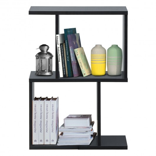 2/3/4 Tiers Wooden S-Shaped Bookcase for Living Room Bedroom Office-2-Tier - Color: Black - Size: 2-Tier - Image 5